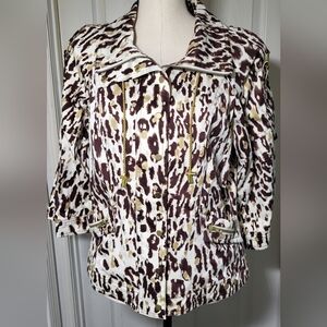 Just B Women’s Animal Print Cotton Stretch Jacket Brown Tan 3/4 Sleeve M